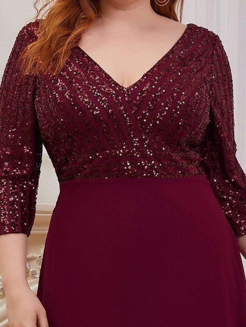 Sleek Plus Size V-Neck Sequin A-Line Formal Evening Gown with 3/4 Sleeves