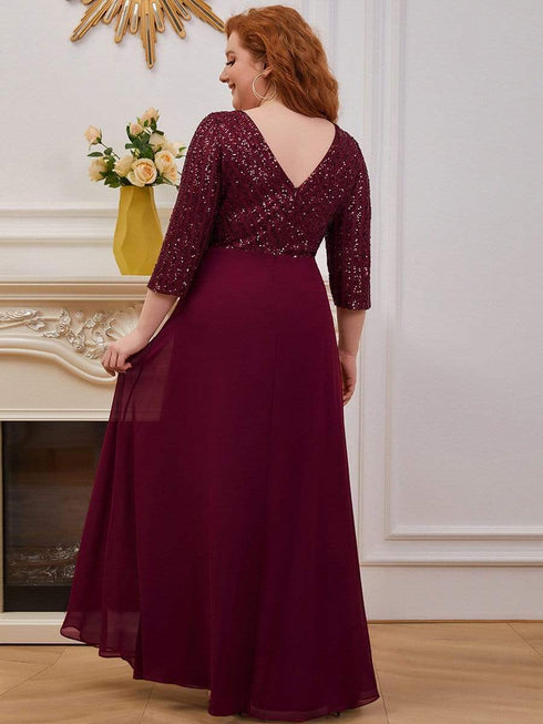 Sleek Plus Size V-Neck Sequin A-Line Formal Evening Gown with 3/4 Sleeves