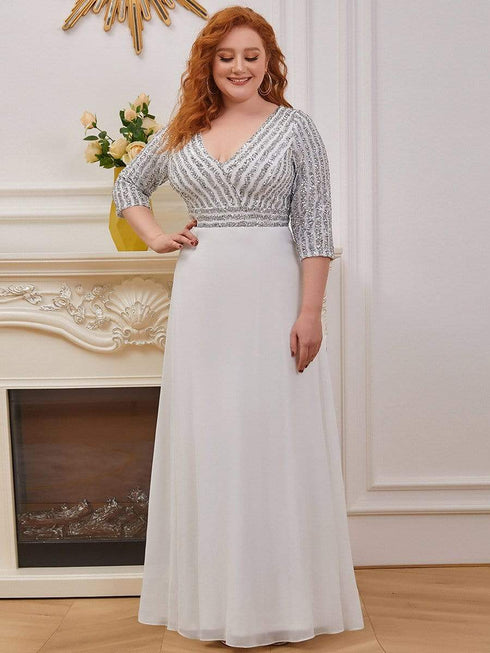 Sleek Plus Size V-Neck Sequin A-Line Formal Evening Gown with 3/4 Sleeves