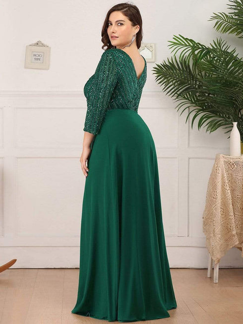 Sleek Plus Size V-Neck Sequin A-Line Formal Evening Gown with 3/4 Sleeves