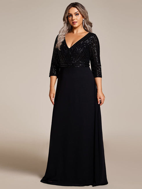 Sleek Plus Size V-Neck Sequin A-Line Formal Evening Gown with 3/4 Sleeves