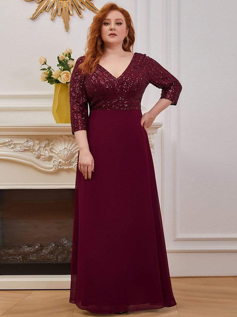 Sleek Plus Size V-Neck Sequin A-Line Formal Evening Gown with 3/4 Sleeves