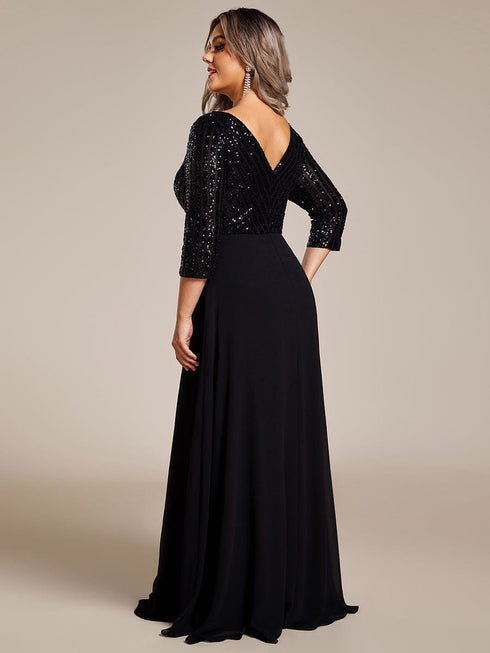 Sleek Plus Size V-Neck Sequin A-Line Formal Evening Gown with 3/4 Sleeves