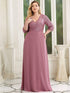 Sleek Plus Size V-Neck Sequin A-Line Formal Evening Gown with 3/4 Sleeves