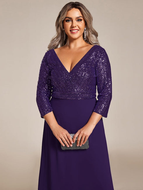 Sleek Plus Size V-Neck Sequin A-Line Formal Evening Gown with 3/4 Sleeves