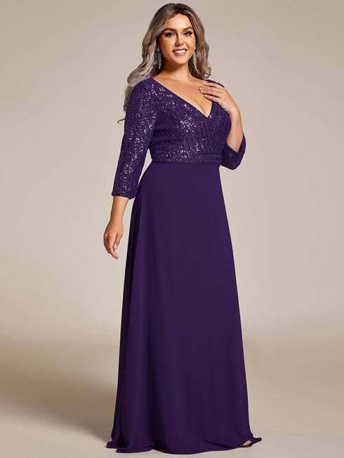 Sleek Plus Size V-Neck Sequin A-Line Formal Evening Gown with 3/4 Sleeves