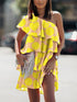 Sloping Shoulder Ruffle Print Dress