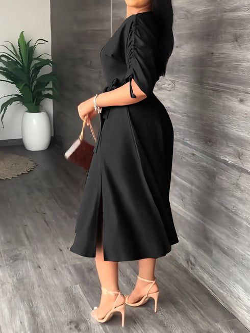 Sloping Shoulder Tie Mid Sleeve Dress