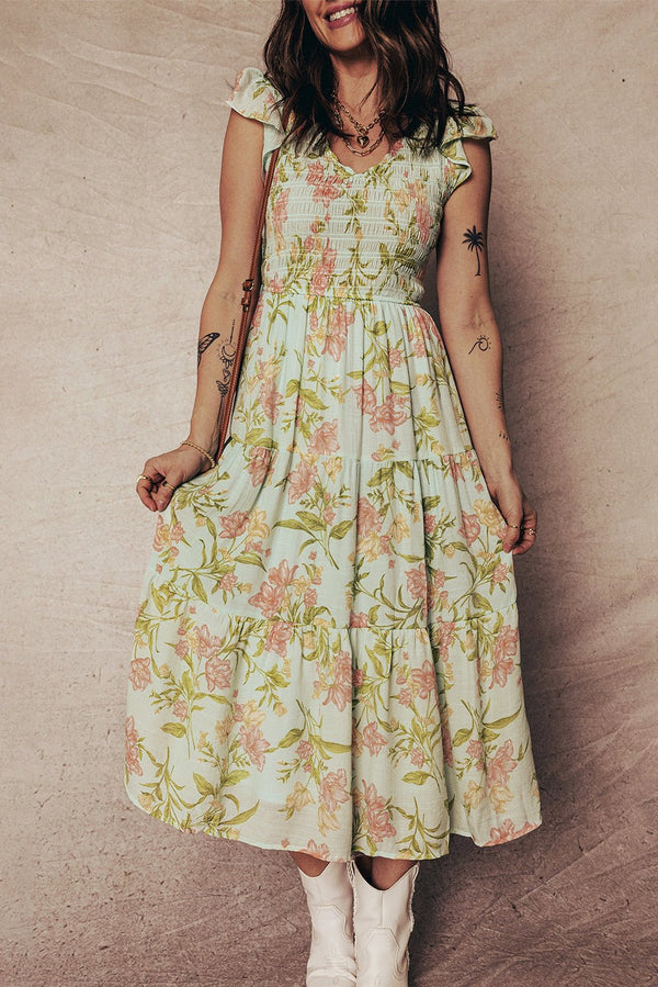 Women's Smocked Floral Tiered Maxi Dress in Apricot and Sage with practical styling and dependable silhouette control.