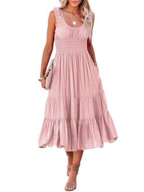 Smocked Ruffle Dress with Square Neck midi Skirt