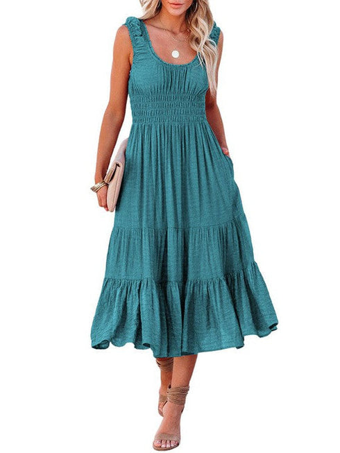 Smocked Ruffle Dress with Square Neck midi Skirt