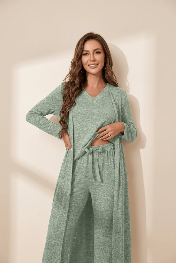 Smoke Green 3-Piece Knit Duster & Lounge Set for Everyday Comfort