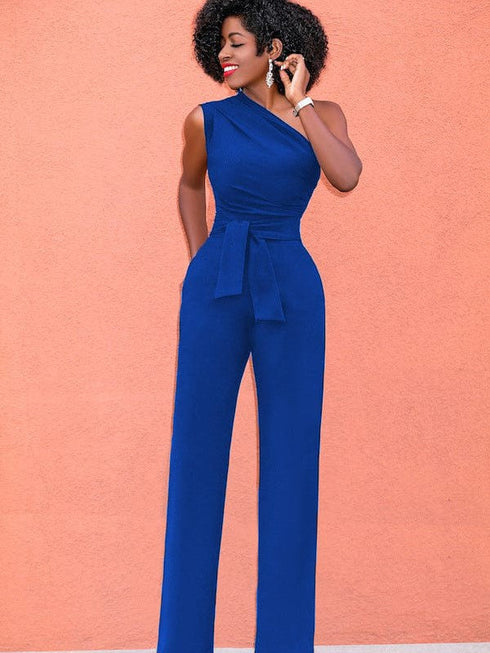 Solid Chic Sleeveless Slanted Shoulder Tie Waist Wide Leg Jumpsuit