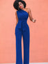 Solid Chic Sleeveless Slanted Shoulder Tie Waist Wide Leg Jumpsuit