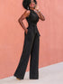 Solid Chic Sleeveless Slanted Shoulder Tie Waist Wide Leg Jumpsuit