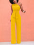Solid Chic Sleeveless Slanted Shoulder Tie Waist Wide Leg Jumpsuit