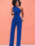 Solid Chic Sleeveless Slanted Shoulder Tie Waist Wide Leg Jumpsuit