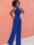 Solid Chic Sleeveless Slanted Shoulder Tie Waist Wide Leg Jumpsuit