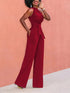 Solid Chic Sleeveless Slanted Shoulder Tie Waist Wide Leg Jumpsuit