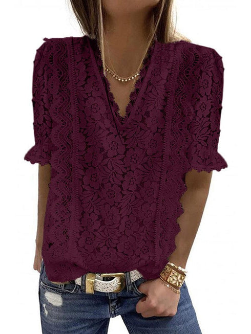 Solid Color Lace Chiffon Women's Loose Fit Pullover Top