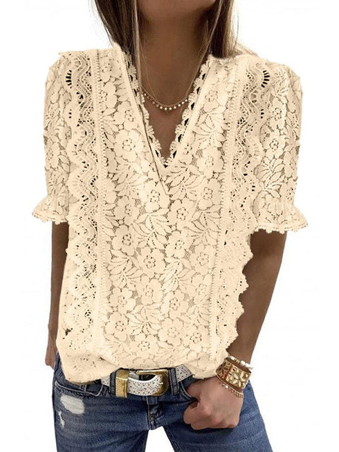 Solid Color Lace Chiffon Women's Loose Fit Pullover Top