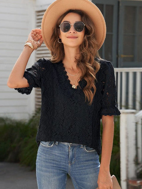 Solid Color Lace Chiffon Women's Loose Fit Pullover Top