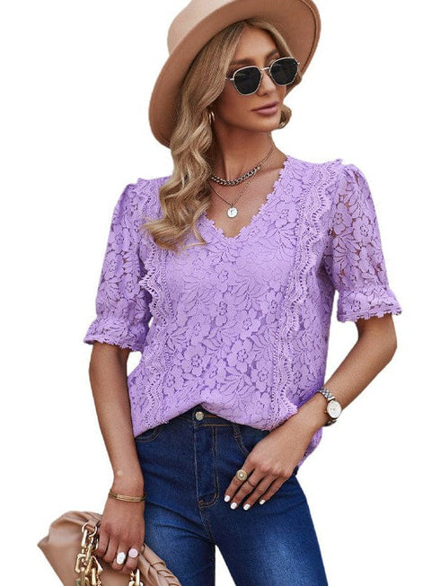 Solid Color Lace Chiffon Women's Loose Fit Pullover Top
