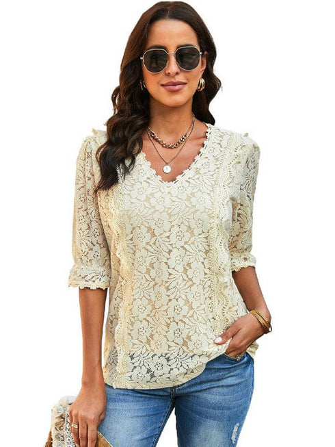 Solid Color Lace Chiffon Women's Loose Fit Pullover Top