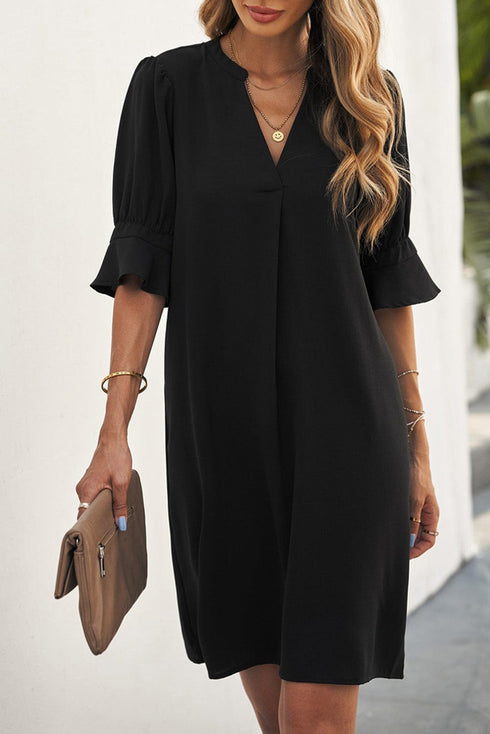 womens-dresses-solid-color-loose-v-neck-half-sleeve-dress