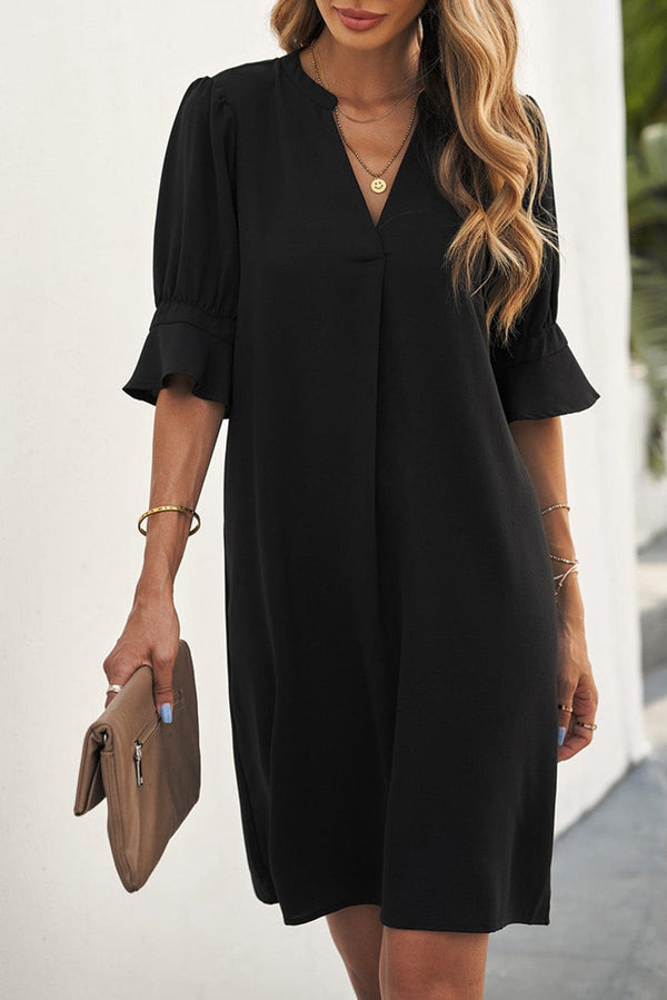 womens-dresses-solid-color-loose-v-neck-half-sleeve-dress