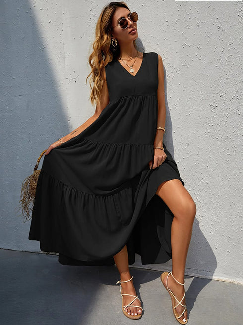 Solid Color V Neck Sleeveless Maxi Dress