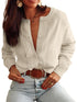 Solid Contrast Lace Striped V-Neck Long Sleeve Blouse