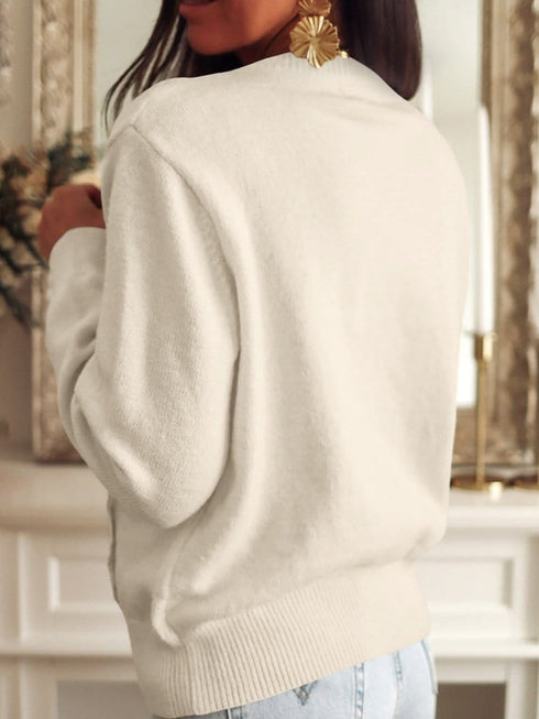 Solid Contrast Lace Striped V-Neck Long Sleeve Blouse