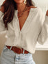 Solid Contrast Lace Striped V-Neck Long Sleeve Blouse