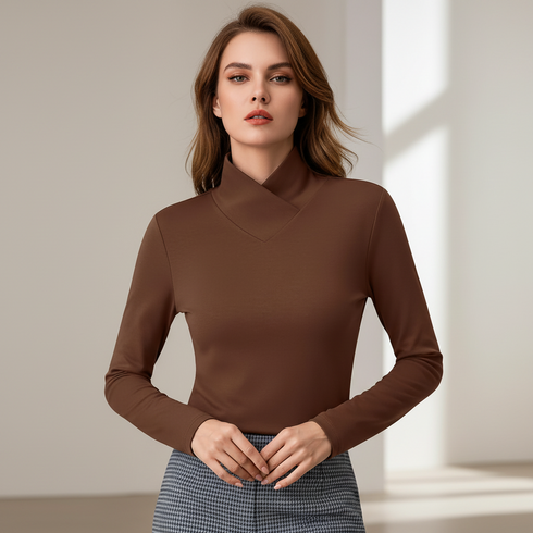 Sophisticated Chocolate Mock Neck Knit Top with Wrap Collar | MsDressly