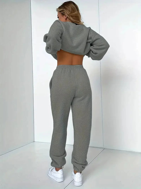 Solid Crew Neck Sweatshirt & Drawstring Jogger Pants Two-Piece Set