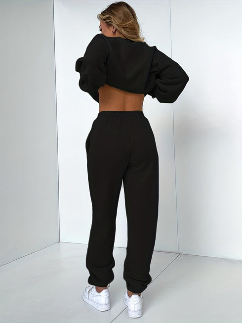 Solid Crew Neck Sweatshirt & Drawstring Jogger Pants Two-Piece Set