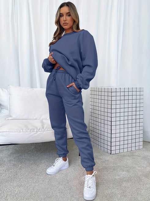 Solid Crew Neck Sweatshirt & Drawstring Jogger Pants Two-Piece Set