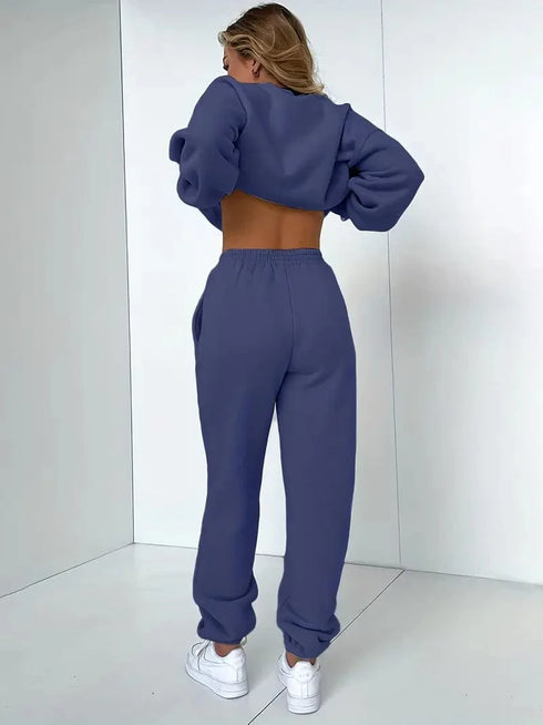 Solid Crew Neck Sweatshirt & Drawstring Jogger Pants Two-Piece Set