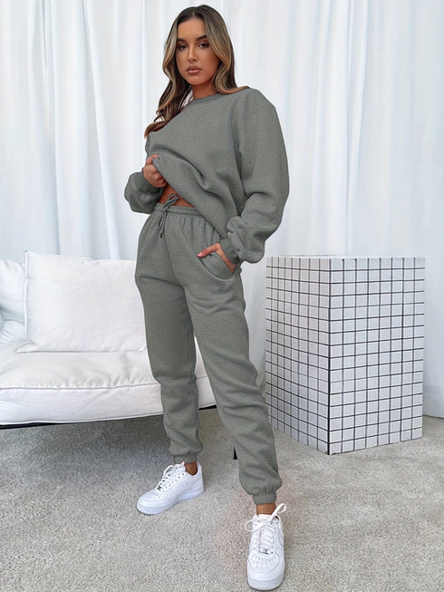 Solid Crew Neck Sweatshirt & Drawstring Jogger Pants Two-Piece Set