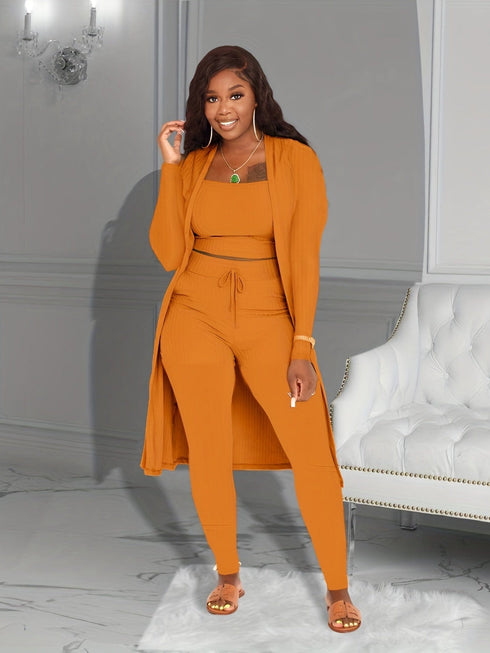 Solid Crop Tank & High Waist Drawstring Pants & Longline Cardigan Three-Piece Set