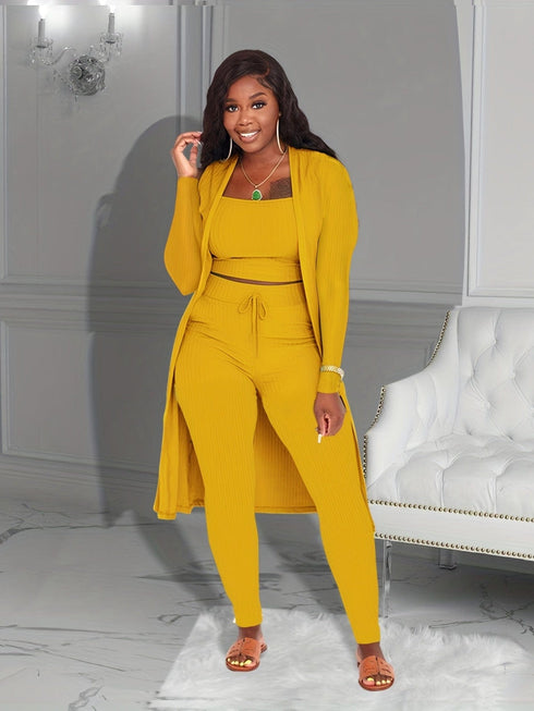 Solid Crop Tank & High Waist Drawstring Pants & Longline Cardigan Three-Piece Set