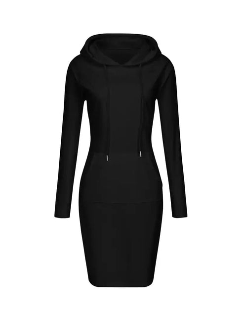 Solid Drawstring Long Sleeve Pocket Hooded Active Sports Mini Dress
