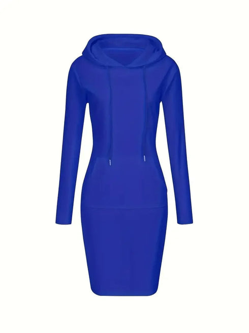 Solid Drawstring Long Sleeve Pocket Hooded Active Sports Mini Dress