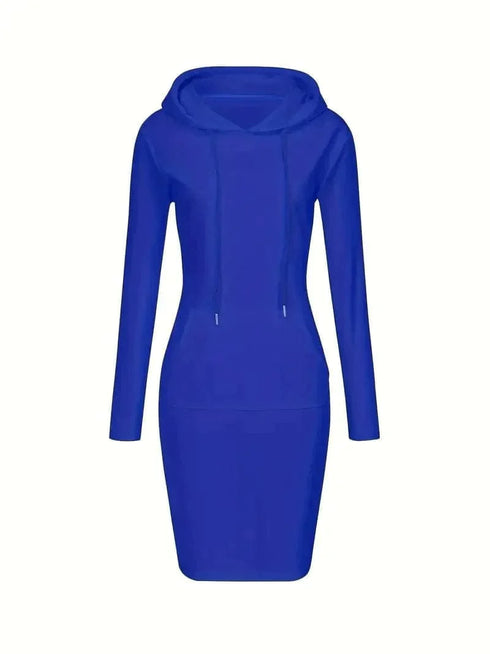 Solid Drawstring Long Sleeve Pocket Hooded Active Sports Mini Dress