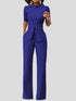 Solid Five-Point Sleeve Belted Wide-Leg Jumpsuit