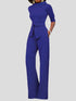 Solid Five-Point Sleeve Belted Wide-Leg Jumpsuit