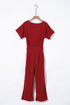 Solid Five-Point Sleeve Belted Wide-Leg Jumpsuit