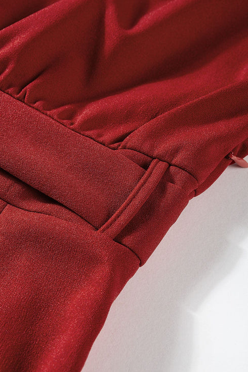 Solid Five-Point Sleeve Belted Wide-Leg Jumpsuit