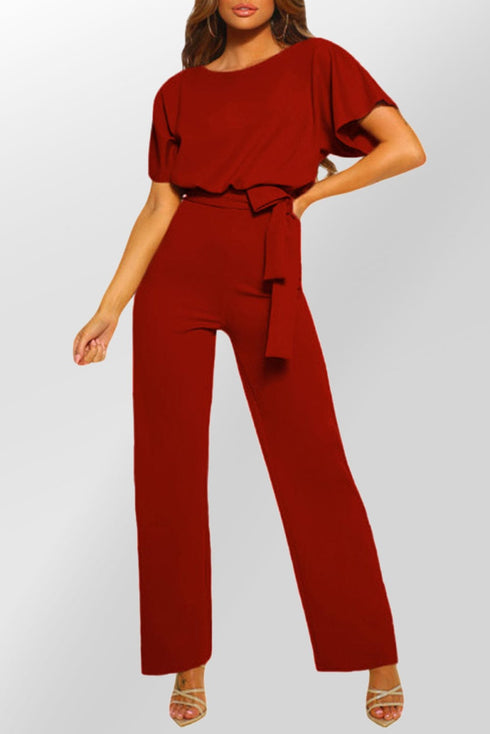 Solid Five-Point Sleeve Belted Wide-Leg Jumpsuit